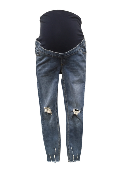 New Look Jenna Over Bump Skinny Distressed Blue Jeans Ripped Knee - Size Maternity UK 8