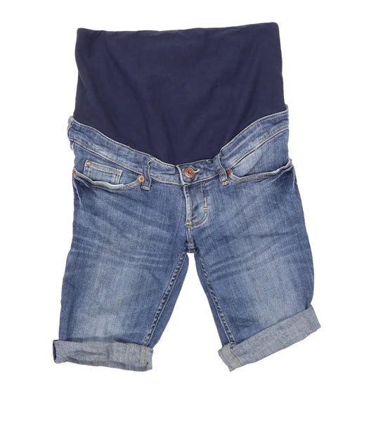 H&M Mama Blue Stonewash Over Bump Denim Shorts - Size Maternity UK 8