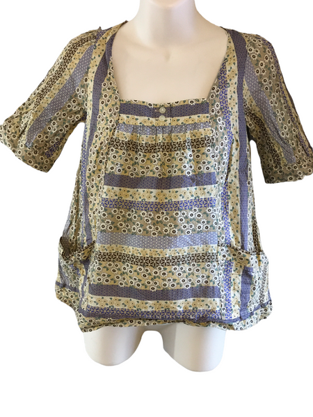 Tu Brown/Blue Floral Print Cotton Summer S/S Top with Pockets - Size Maternity UK 8