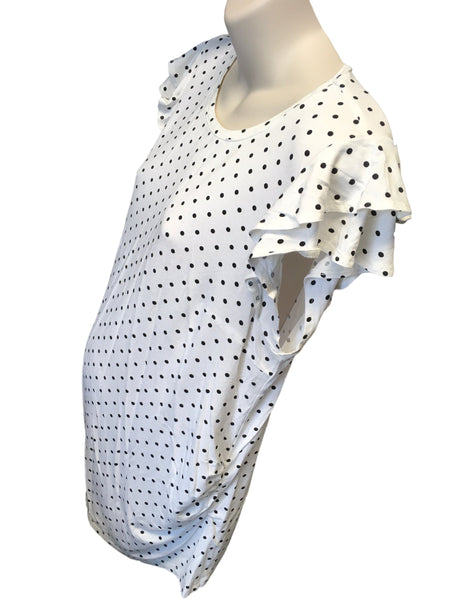 H&M White Flutter Sleeve Black Spotty Top - Size Maternity L UK 16-18