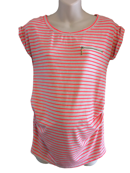 New Look Maternity Neon Pink Stripe Roll Sleeve Zip Top - Size Maternity UK 8