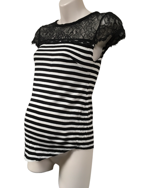 H&M Mama Black & Ecru Striped S/S Lace Trim Top - Size Maternity S UK 8-10