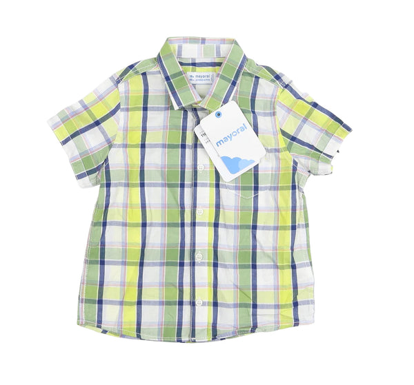 Brand New Mayoral Lime Green Checked S/S Cotton Shirt Boys 18m