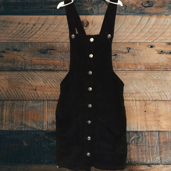 Miss Evie Black Button Up Corduroy Pinny Dress - Girls 11-12yrs