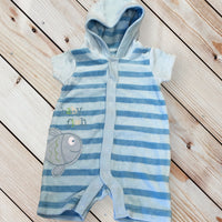 Mothercare Blue Baby Fish Hooded Towelling Romper - Boys 0-3m