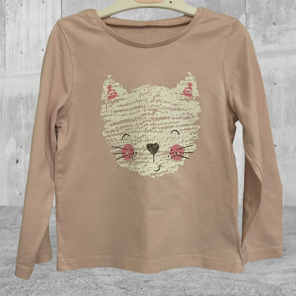 Mothercare Pink L/S Top with White Cat Motif - Girls 3-4yrs