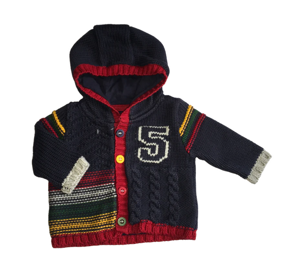 Mothercare Navy Chunky Knitted Hooded Cardigan with 5 Design - Boys 0-1m