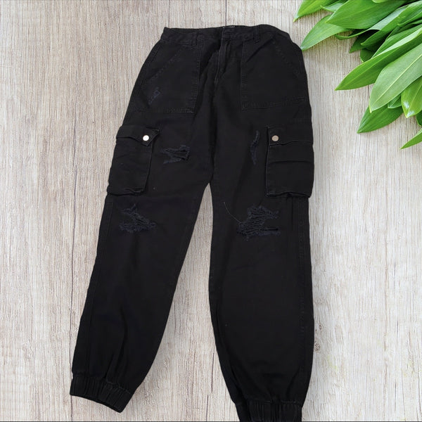 New Look 915 Generation Black Denim Distressed Cargo Trousers - Girls 13yrs