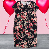 New Look Maternity Black & Red Roses Print Stretch Shift Dress - Size Maternity UK 16