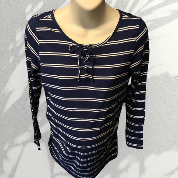 New Look Maternity Navy & Double White Stripe Tie Front L/S Top - Size Maternity UK 10