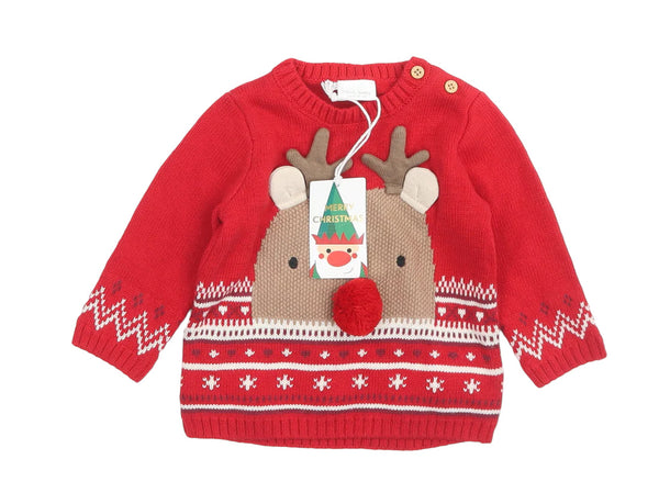 Brand New Next Baby Red Reindeer Pom Pom Nose Knitted Christmas Jumper - Unisex 3-6m