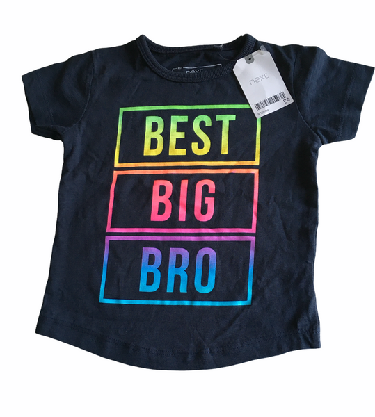 Brand New Next Boys Navy Neon Best Big Bro T-Shirt - Boys 9-12m