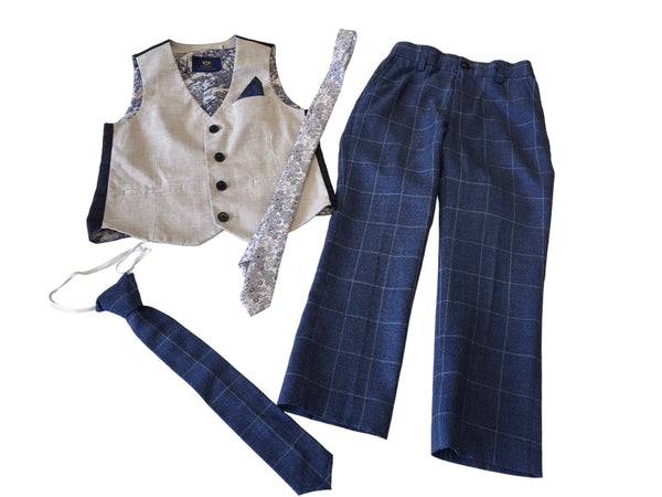 Next Boys Light Grey Waistcoat Blue Check Trousers & Tie Outfit - Boys 7yrs