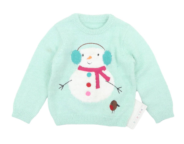 Brand New Nutmeg Mint Green Fluffy Snowman Christmas Jumper - Girls 18-24m