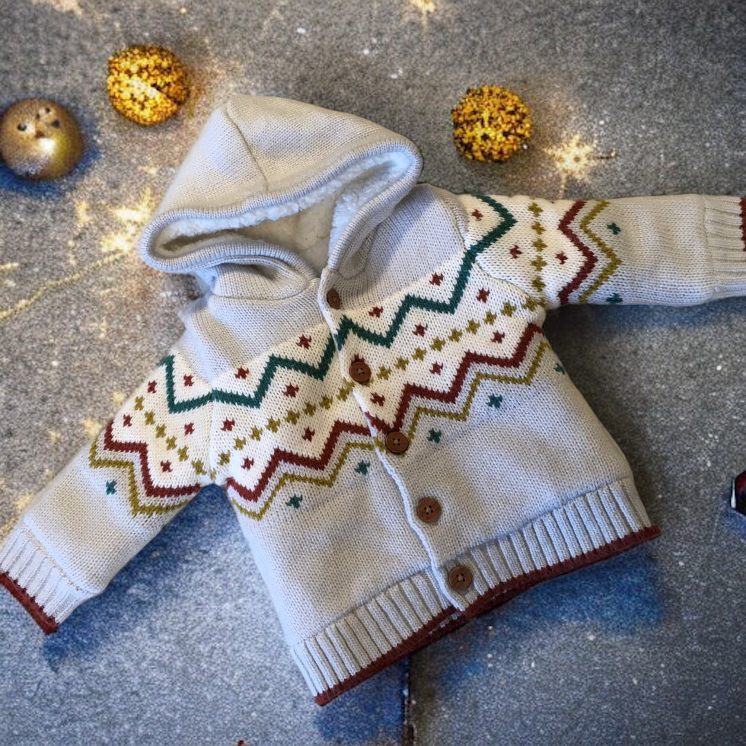 Nutmeg Grey Fair Isle Thick Knitted Hooded Cardigan Unisex 0 3m Growth Spurtz