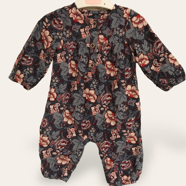 Nutmeg Grey & Red Floral Needlecord Button Up Romper - Girls 6-9m