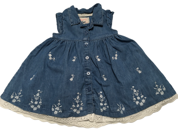 Mantaray Blue Denim Sleeveless Button Dress with White Embroidery