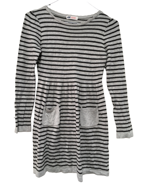 H&M Soft Knit Grey Striped Thin Knit Jumper Dress - Girls 8-10yrs
