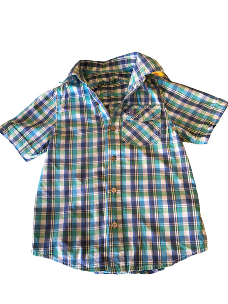 Rebel Blue/Green Checked S/S Cotton Shirt - Boys 7-8yrs