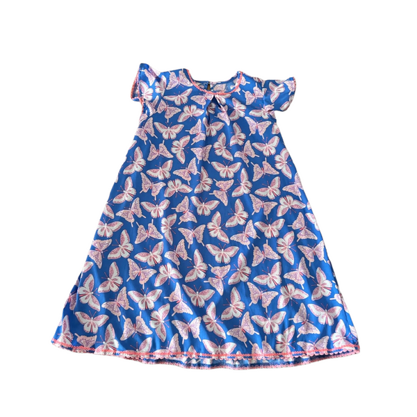 Monsoon Blue & Pink Butterfly Print S/S Dress - Girls 8yrs