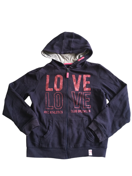 Young Dimension Navy Blue Zip Up Hoodie with Pink Glitter Love Motif - Girls 10-11yrs