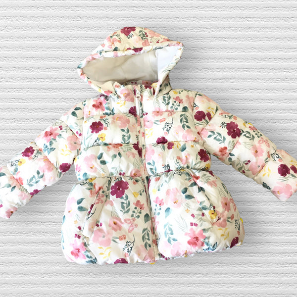 Primark Cream Floral Print Hooded Quilted Coat Girls 12-18m