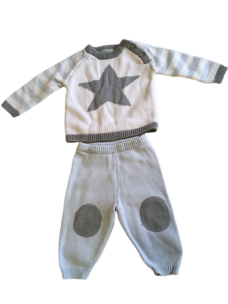 Rock a Bye Baby White Grey Blue Star Knitted Jumper & Trousers Outfit - Boys 0-3m