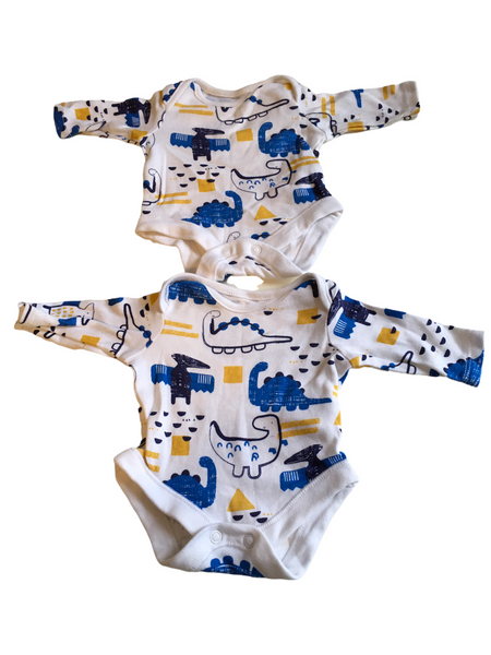 F&F Boys Blue/Yellow 2 L/S Dinosaur Bodysuit Bundle - Boys Tiny Baby 