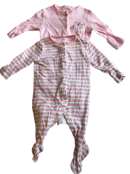 Primark 2 x Sleepsuit Bundle Pink & Grey Stripe/ Pink Cutie Dogs - Girls 0-3m