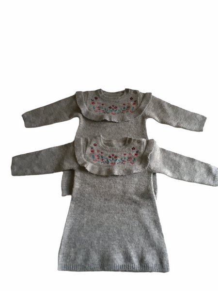 Nutmeg Twin Girls Bundle of 2 Grey Knitted Jumper Dresses with Embroidered Flowers - Girls 12-18m