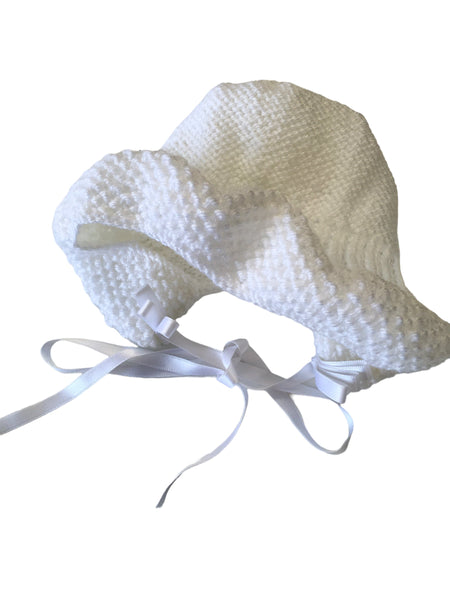 Plain White Hand Knitted Ribbon Baby Bonnet Hat - Girls 0-3m