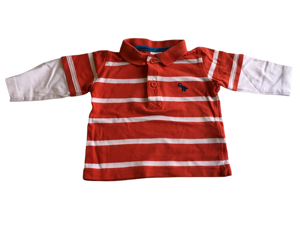 Bluezoo Boys Red Striped L/S Polo Shirt with Dinosaur Motif - Boys 3-6m