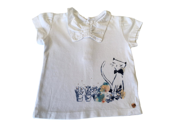 M&S White S/S Top with Cat Applique and Bow - Girls 0-3m