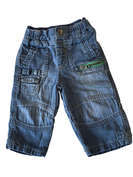 M&S Blue Utility Jeans Green Stitching Stretch Waist - Boys 6-9m