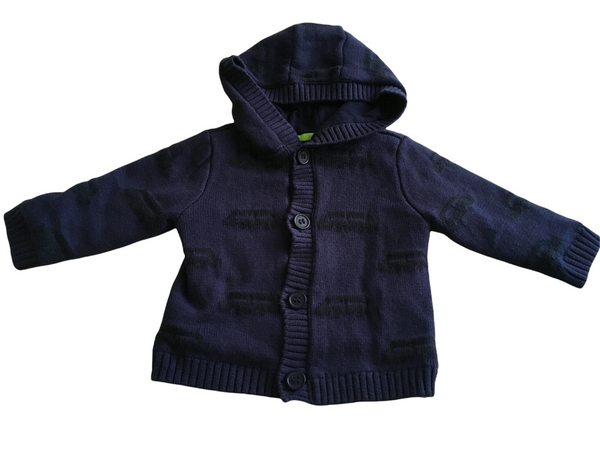 Mothercare Navy Blue Black Car Print Knitted Hooded Cardigan - Boys 1-3m