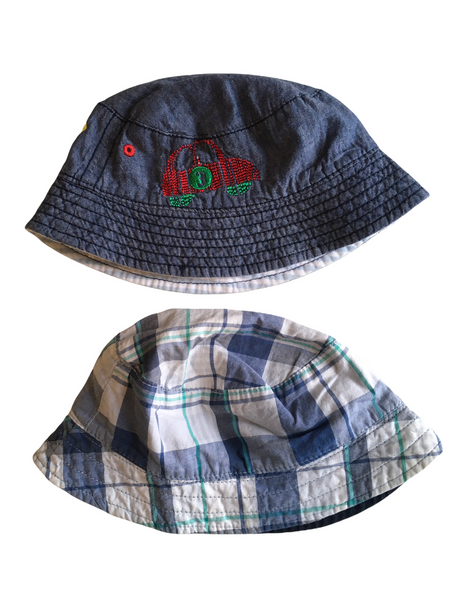 Nutmeg Bundle of 2 Cotton Bucket Summer Sun Hats - Denim Car / Blue Check - Boys 3-6m