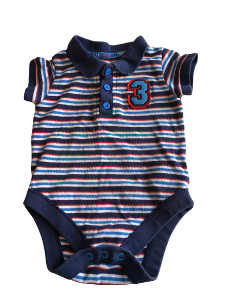 M&S Blue Red & White Striped S/S Polo Shirt Bodysuit with 3 Motif - Boys 3-6m