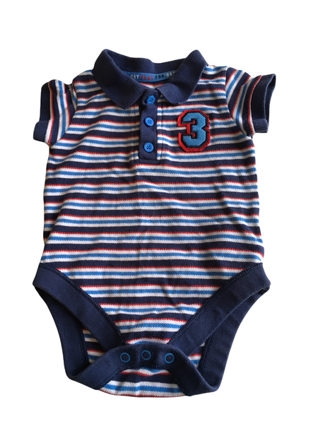 M S Blue Red White Striped S S Polo Shirt Bodysuit with 3 Motif Boys 3 6m