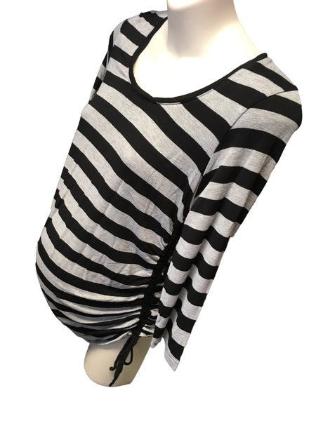 H&M Mama Grey/Black Striped 3/4 Sleeve Ruched Side Top - Size Maternity M UK 12-14