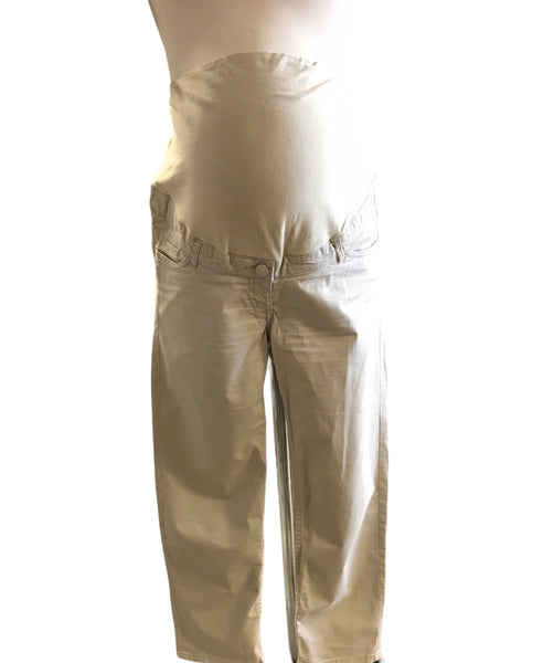 H&M Mama Beige Cropped Over Bump Cotton Chino Trousers - Size Maternity UK 12