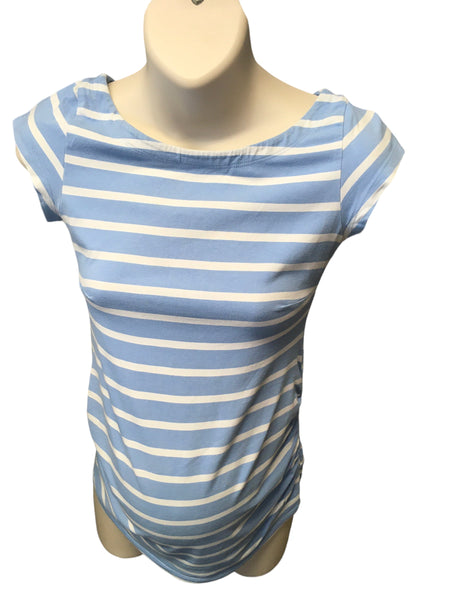 H&M Mama Sky Blue White Stripe S/S T-Shirt - Size Maternity S UK 8-10