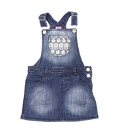 F&F Dark Blue Denim Dungaree Dress with White Crochet Pockets - Girls 4-5yrs