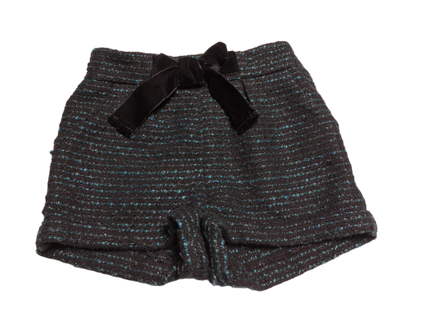 Tu Black & Aqua Textured Shorts with Silver Sparkle Velvet Bow - Girls 12-18m