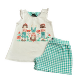 Mayoral Girls Sleeveless Girl Print Top & Green Gingham Shorts Outfit - Girls 7-8yrs