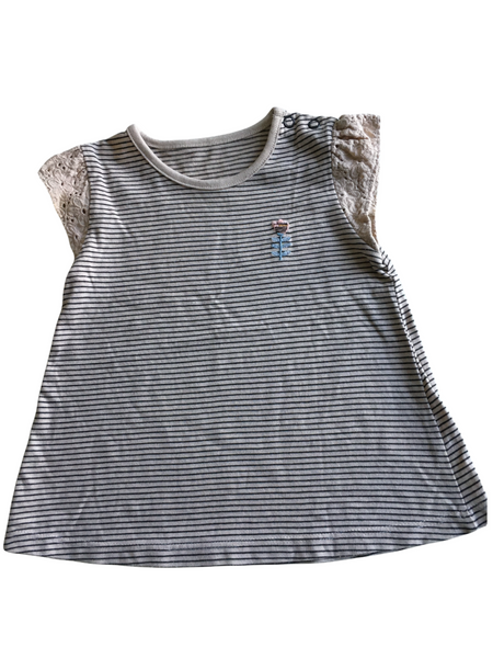 Tu Brown/Black Pinstripe Top with Flower Chest Motif Small - Girls 12-18m