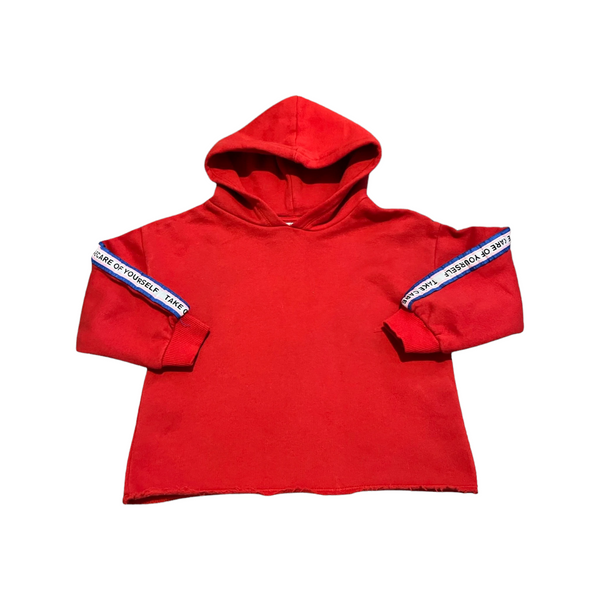Zara Girls Red Cropped Hoodie Jumper with Take Care Sleeve Motif - Girls 6yrs