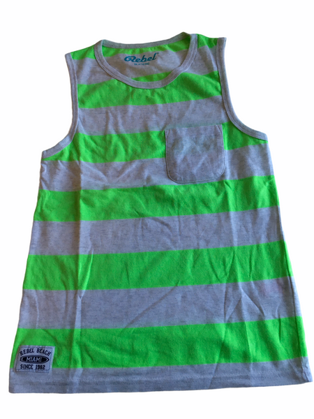 Rebel Boys Grey/Neon Green Striped Summer Vest Top - Boys 10-11yrs