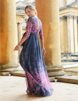 Seraphine Navy Blue & Purple Floral Silk Long Gown Occasion Dress - Size Maternity UK 8