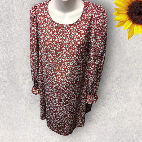 Shein Maternity Brown L/S Midi Dress with White Floral Print - Size Maternity M UK 12-14