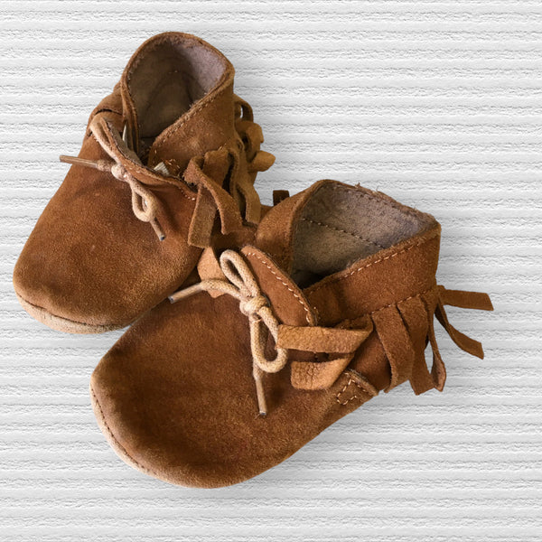 Tan Brown Suede Leather Slip on Baby Moccasin Booties - Boys Size Infant 2.5